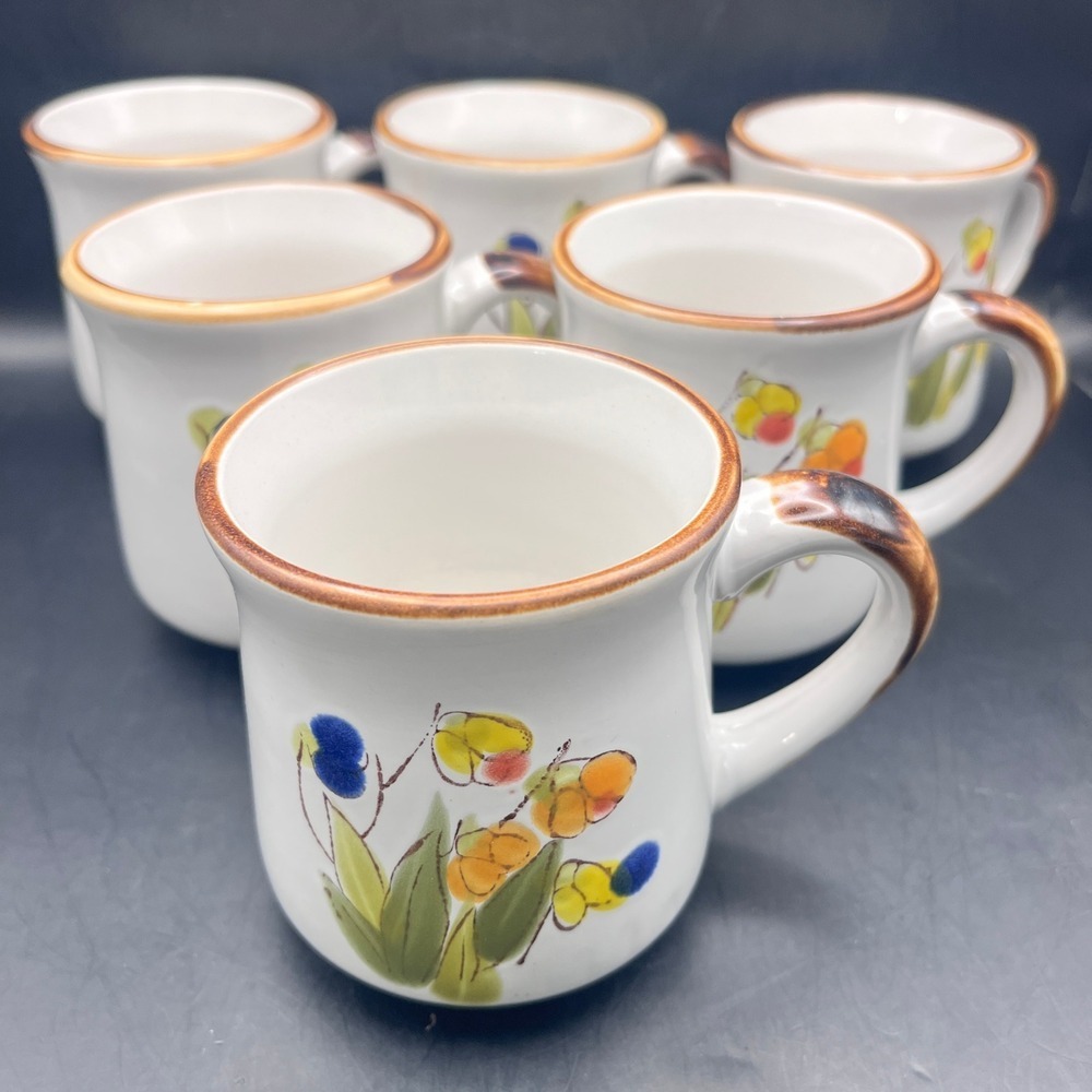 6 VTG Sunnycraft Stoneware Collection Coffee Tea Mugs Hand Decorated Korea 10oz
